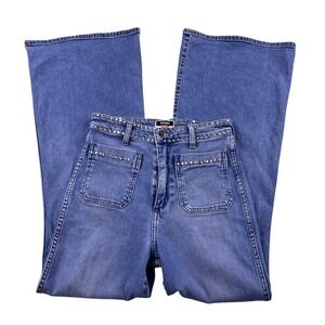 Wrangler x Fender Wanderer Studded High Rise Flare Jeans Blue Denim W26 L30